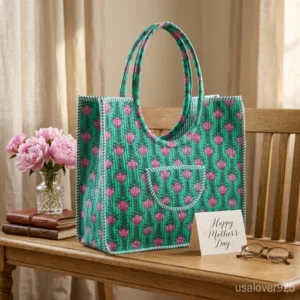 Woman carrying a Floral Quilted Cotton Tote Bag loaded with books and a laptop at a botanical garden.