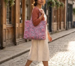 Floral Quilted Cotton Tote Bag with large shoulder handles showing the traditional artisan botanical print design.