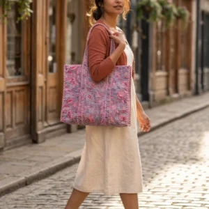 Floral Quilted Cotton Tote Bag with large shoulder handles showing the traditional artisan botanical print design.