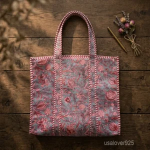 Floral Quilted Cotton Tote Bag with large shoulder handles showing the traditional artisan botanical print design.