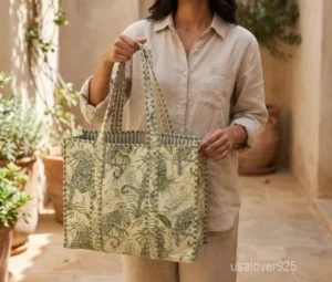 Floral Quilted Cotton Tote Bag with large shoulder handles showing the traditional hand block print design.