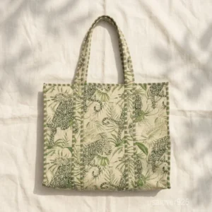 Floral Quilted Cotton Tote Bag with large shoulder handles showing the traditional hand block print design.