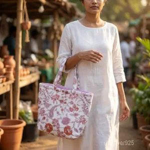 Close-up of the yellow floral block print detailing, dense parallel line quilted stitching rows, built-in magnetic snap closure, and reinforced handles on an Indian cotton tote bag.