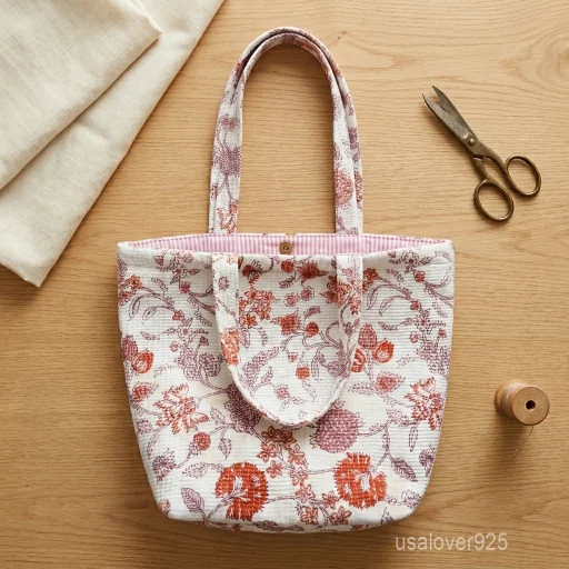 Floral Quilted Cotton Tote Bag with large shoulder handles showing the vibrant yellow Jaipuri block print design.