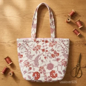 Floral Quilted Cotton Tote Bag with large shoulder handles showing the vibrant yellow Jaipuri block print design.