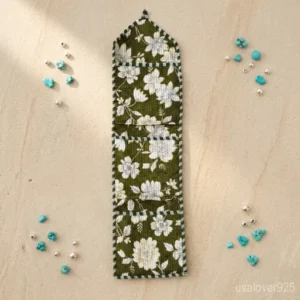 Close-up of authentic multi-color hand block printing on a Floral Quilted Cotton Wall Organizer.