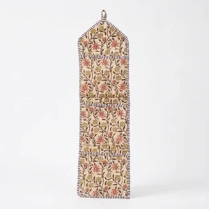 Close-up of authentic multi-color hand block printing on a Floral Quilted Cotton Wall Organizer.