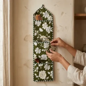 Floral Quilted Cotton Wall Organizer with 3 deep pockets hanging on a narrow wall.