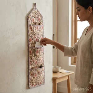 Floral Quilted Cotton Wall Organizer with 3 deep pockets hanging on a narrow wall.