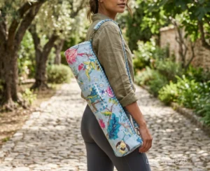 Woman walking to a workout studio carrying a Floral Quilted Cotton Yoga Mat Bag comfortably as a crossbody sling.