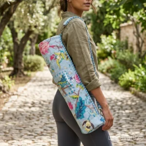 Woman walking to a workout studio carrying a Floral Quilted Cotton Yoga Mat Bag comfortably as a crossbody sling.