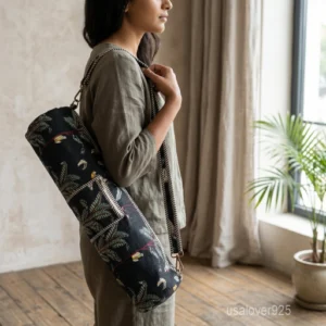Floral Quilted Cotton Yoga Mat Bag with an adjustable shoulder strap showing the vibrant botanical print.
