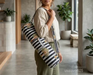 Woman walking to a workout studio carrying a Floral Quilted Cotton Yoga Mat Bag comfortably as a crossbody sling.