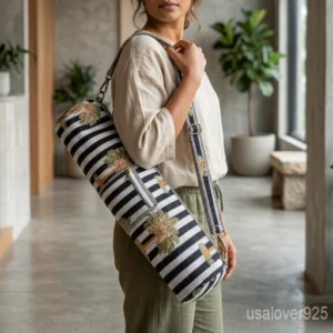 Woman walking to a workout studio carrying a Floral Quilted Cotton Yoga Mat Bag comfortably as a crossbody sling.