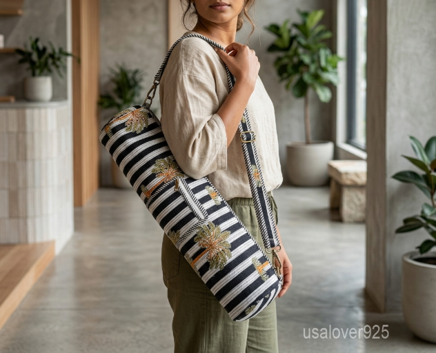 Woman walking to a workout studio carrying a Floral Quilted Cotton Yoga Mat Bag comfortably as a crossbody sling.