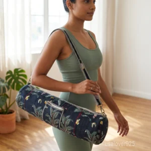 Floral Quilted Cotton Yoga Mat Bag with an adjustable shoulder strap showing the vibrant botanical print.