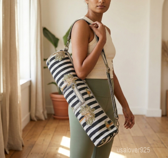 Floral Quilted Cotton Yoga Mat Bag with an adjustable shoulder strap showing the vibrant botanical print.