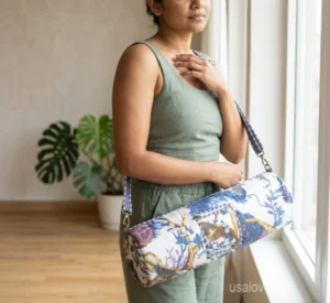 Floral Quilted Cotton Yoga Mat Bag with an adjustable shoulder strap showing the vibrant botanical print.