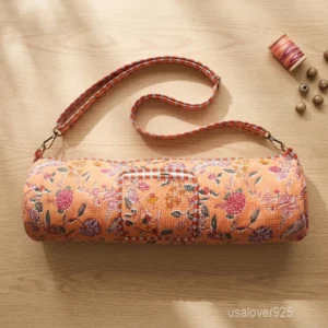Woman walking to an outdoor workout session carrying a Floral Quilted Cotton Yoga Mat Bag comfortably as a crossbody sling.