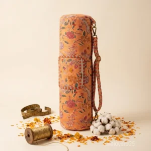 Close-up of the full-length secure zipper closure, premium wide adjustable strap, and crisp floral pattern details on a cotton yoga bag.