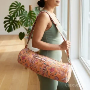 Floral Quilted Cotton Yoga Mat Bag with an adjustable shoulder strap showing the vibrant bohemian botanical print.