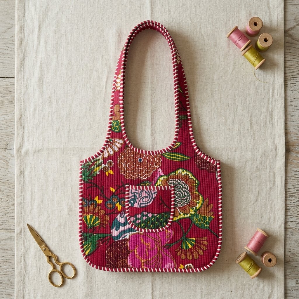 Close-up of the handcrafted vibrant red floral print detailing, traditional Kantha stitch running embroidery rows, dense quilted stitching texture lines, and robust handle strap attachments on an Indian cotton carryall tote.
