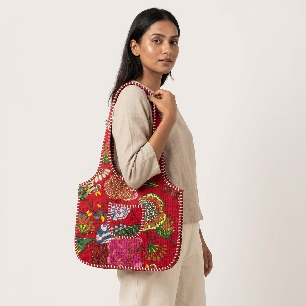 A shopper carrying the Floral Quilted Shoulder Bag Cotton Tote by the wide straps, showcasing its spacious packing capacity and elegant bohemian accessory style at an outdoor market event.