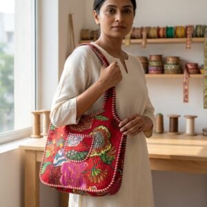 Floral Quilted Shoulder Bag Cotton Tote showing the traditional hand block print artisan design with the spacious main compartment opening and reinforced double shoulder handles.