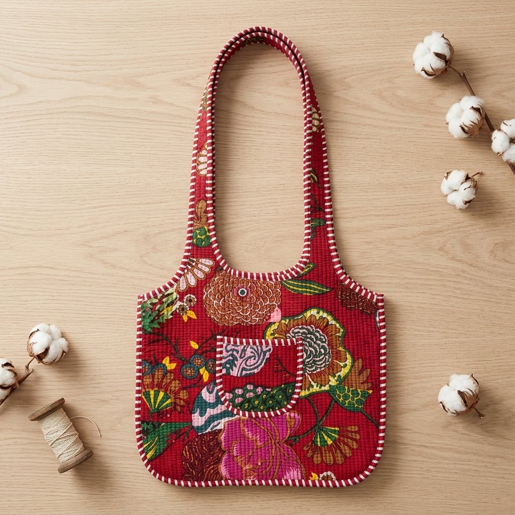 Close-up of the handcrafted vibrant red floral print detailing, traditional Kantha stitch running embroidery rows, dense quilted stitching texture lines, and robust handle strap attachments on an Indian cotton carryall tote.