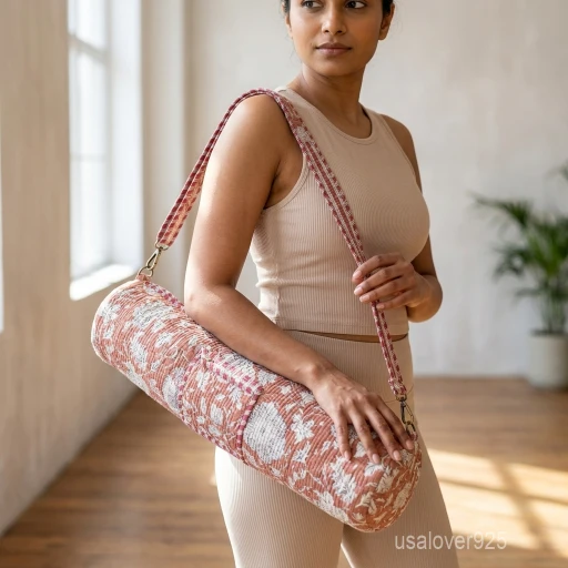 Floral Quilted Yoga Mat Bag with an adjustable shoulder strap showing the vibrant botanical boho block print.