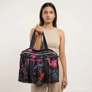 Kantha Cotton Tote Bag with comfortable over-the-shoulder handles featuring an ethnic flower bird print.