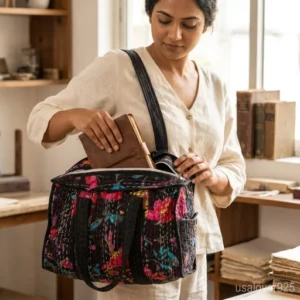 Kantha Cotton Tote Bag with comfortable over-the-shoulder handles featuring an ethnic flower bird print.
