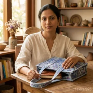 Close-up of intricate traditional hand-stitched running embroidery on a Flower Kantha Cotton Tote Bag.