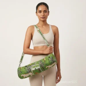 Close-up of the handcrafted green block print detailing, dense quilted stitching tracks, heavy-duty metal clasps, and adjustable crossbody strap on an Indian cotton fitness mat bag.