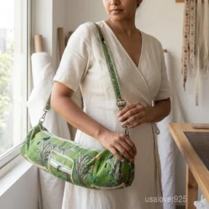 Forest Print Quilted Yoga Mat Bag carrier showing the traditional artisan tree and bird design with the full-length zipper closure and outer pocket.