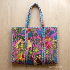 Frida Kahlo Inspired Quilted Cotton Tote Bag with large shoulder handles showing the colorful artistic portrait print design.