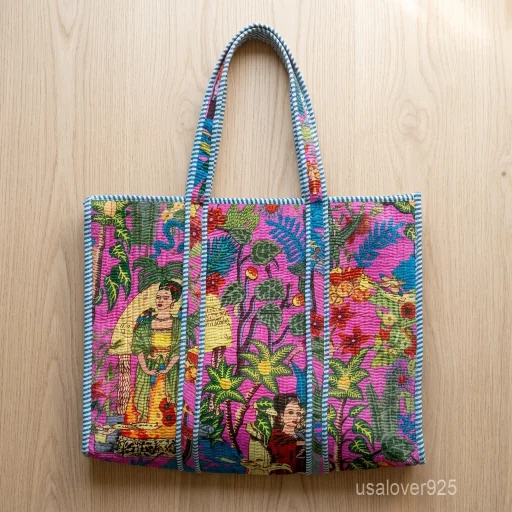 Frida Kahlo Inspired Quilted Cotton Tote Bag with large shoulder handles showing the colorful artistic portrait print design.