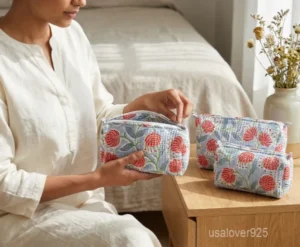 Set of 3 Gray Floral Quilted Cotton Toiletry Bags nesting set showing the traditional monochrome artisan design and secure zipper fastenings.