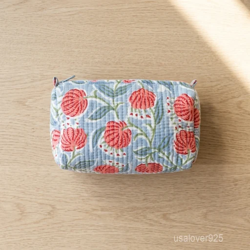 Set of 3 Gray Floral Quilted Cotton Toiletry Bags nesting set showing the traditional monochrome artisan design and secure zipper fastenings.