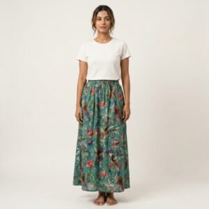 Green Bird Floral Cotton Midi Skirt showing the traditional hand block print artisan design with the flexible elastic waistband and adjustable drawstring closure loops.