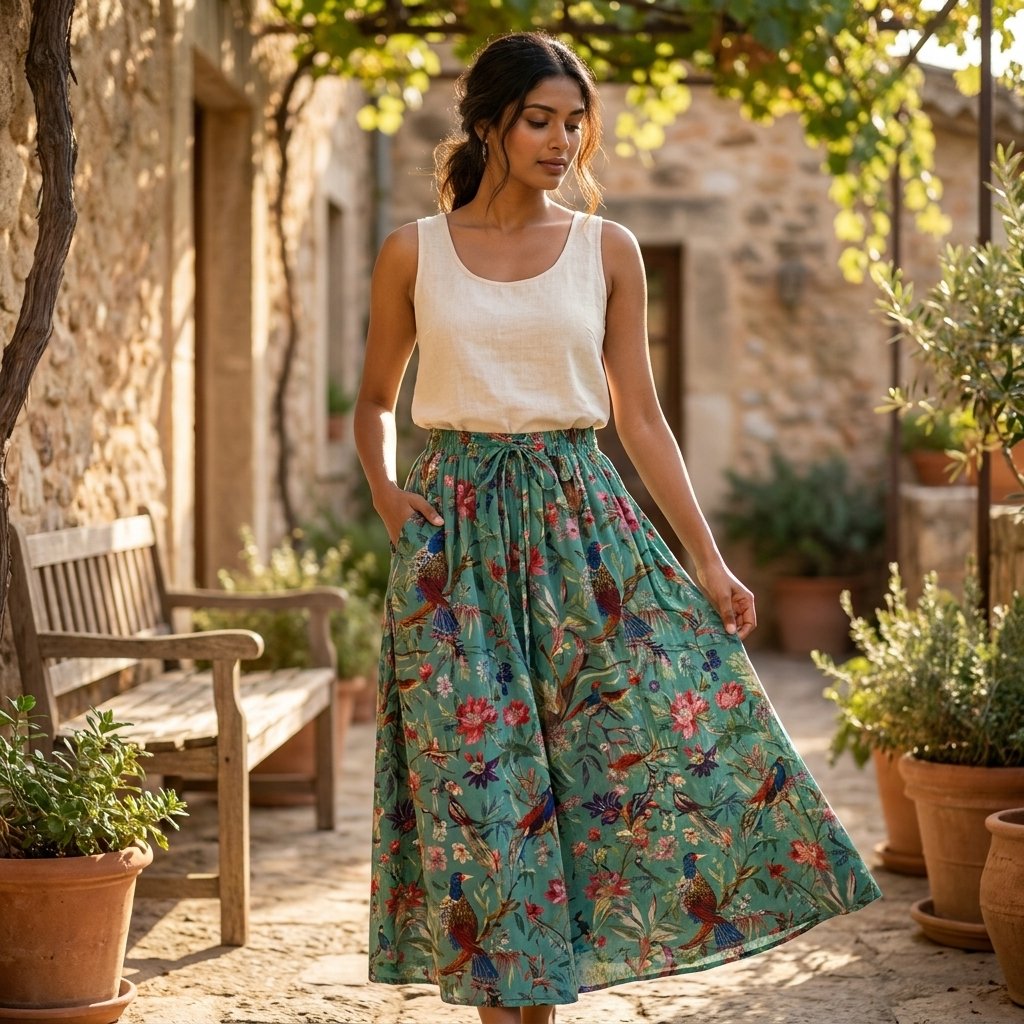 A model wearing the Green Bird Floral Cotton Midi Skirt paired with a white tank top, showcasing its relaxed flowy silhouette frame and vibrant bohemian fashion style while walking outdoors.