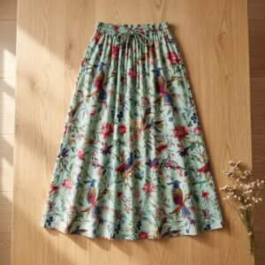 Close-up of the handcrafted green botanical bird print detailing, soft cotton fabric texture, clean inner hidden seam lines, and gathered waist gathering layers on an Indian cotton midi skirt.