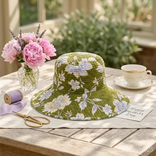 Green Block Print Quilted Cotton Bucket Hat handmade in Jaipur for boho summer fashion.