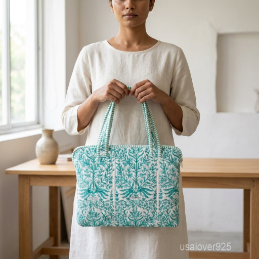 Green Botanical Quilted Cotton Laptop Sleeve tote showing the traditional hand block print artisan design with the top handles and magnetic snap closure.