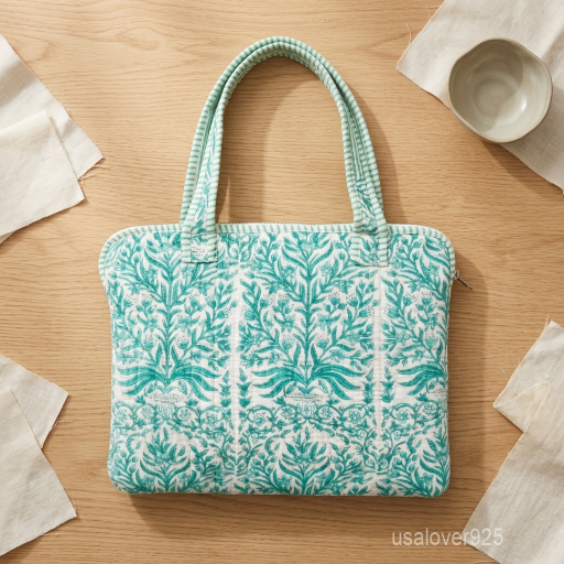 Close-up of the handcrafted green botanical block print detailing, dense quilted stitching lines, robust handle strap attachments, internal padded laptop sleeve partition, and magnetic snap on an Indian cotton tech bag.