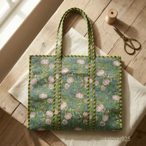 A person carrying a large Green Floral Block Print Quilted Indian Cotton Tote Bag comfortably over their shoulder during a casual outdoor outing.