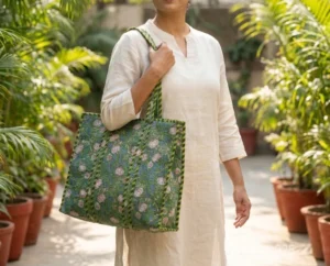 Green Floral Block Print Quilted Indian Cotton Tote Bag with padded shoulder straps showing the traditional hand block botanical print layout.