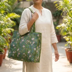 Green Floral Block Print Quilted Indian Cotton Tote Bag with padded shoulder straps showing the traditional hand block botanical print layout.
