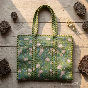 Green Floral Block Print Quilted Indian Cotton Tote Bag with padded shoulder straps showing the traditional hand block botanical print layout.