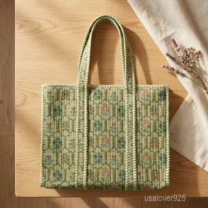 A person carrying a Green Floral Hand Block Print Quilted Cotton Tote Bag comfortably over their shoulder during a casual outdoor market run.